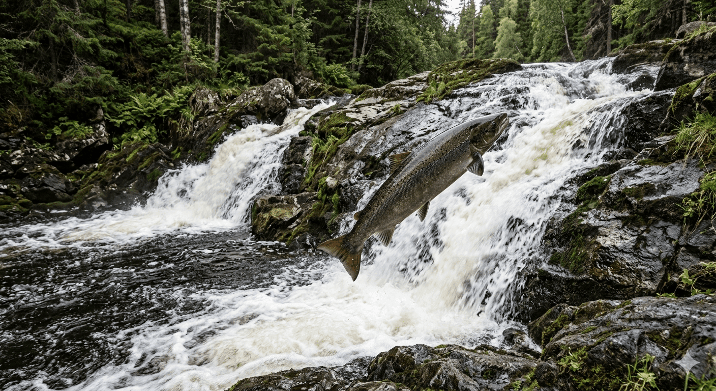 Atlantic salmon leaping a waterfall